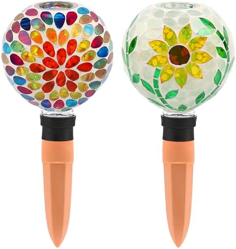 VOREEN Mosaic Plant Watering Globes with Terracotta Watering Spikes, 17oz Glass Self Watering Globes for Indoor & Outdoor Potted Plants, Decorative Water Drippers, Set of 2 by VOREEN