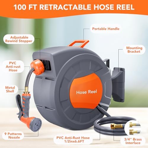 Retractable Garden Hose Reel, 1/2"100FT Water Hose with Bracket - Image 6