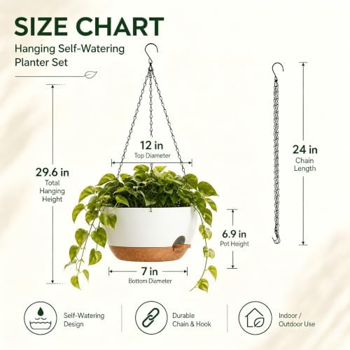 12 Inch Self Watering Hanging Planters 2 Pack, White Brown - Image 3