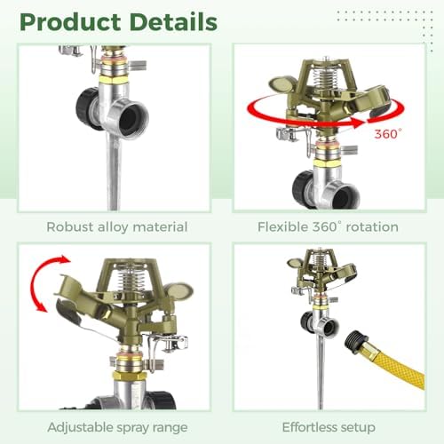 3 Pcs Alloy Spike Sprinkler, Heavy Duty Rotating Garden Waterer with Adjustable Nozzle, Includes 4 Rolls PTFE Tape, for Grass Yards Patio Garden Irrigation - Image 4
