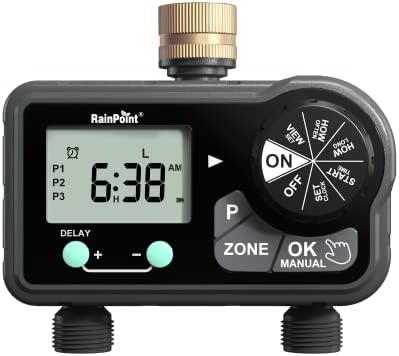 RAINPOINT Brass Sprinkler Timer 2 Stations, Large Digital Water Timer for Garden Hose with 6 Programmable Procedure, with Delay/Manual/Auto Irrigation Mode for Week/Specific/Daily Watering by RainPoint