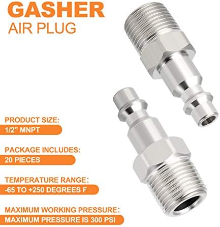 GASHER 1/2-Inch NPT Male Industrial Air Plug,1/4-Inch High Flow Pneumatic Plugs 300PSI (20-Pack) - Image 6