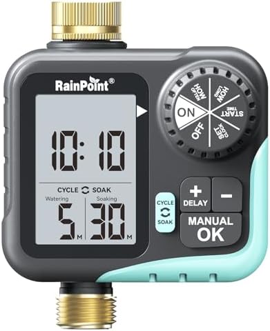 RAINPOINT Sprinkler Timer for Garden Hose - Hose Timer with Cycle & Soak/Rain Delay/Automatic Watering/Manual Watering, Programmable Irrigation System with Large Display, Brass Inlet & Outlet by RainPoint