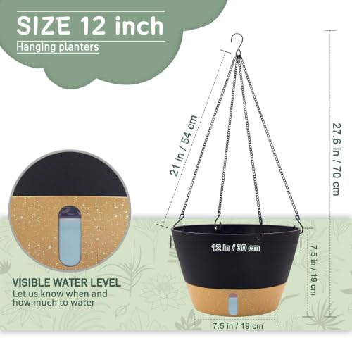 ZMTECH 12 Inch Hanging Planters for Indoor, 2 Pack Large Hanging Plant Pot with Visible Water Level and Chain, Self Watering Hanging Flower Pot for Outdoor Garden Porch(Dark Gray) - Image 2
