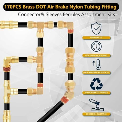 170Pcs DOT Air Brake Line Fittings & Brass Air Nylon Tube Compression Fittings Assortment Kits,1/4" 1/8" 3/8" 1/2" NPT Push To Connect Fittings Quick Connect Air Hose Fittings for Truck or Air System - Image 5