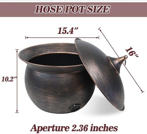 Metal Garden Hose Storage Pot,Vintage Copper Finish Hose Holder with Lid - Image 2