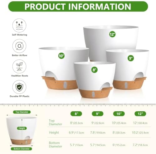 Large Self Watering Pots for Indoor Plants, 12/10/9/8 Inch White - Image 2