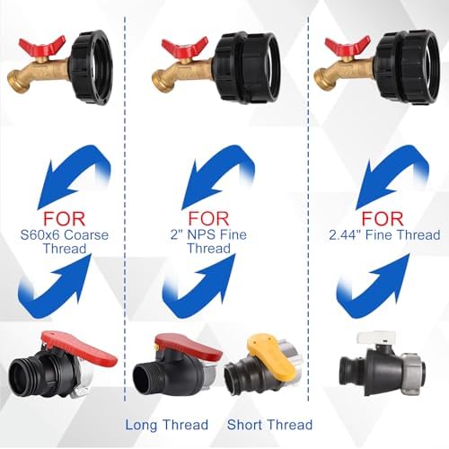 275-330 Gallon IBC Tote Water Tank Fitting, 3-Size IBC Tote Adapter 2.44" Fine, 2 "Fine & 2" Coarse Thread, 1/2" NPT to 3/4" GHT No-Lead Brass Hose Faucet Shut-off Valve Garden Hose Connector - Image 4