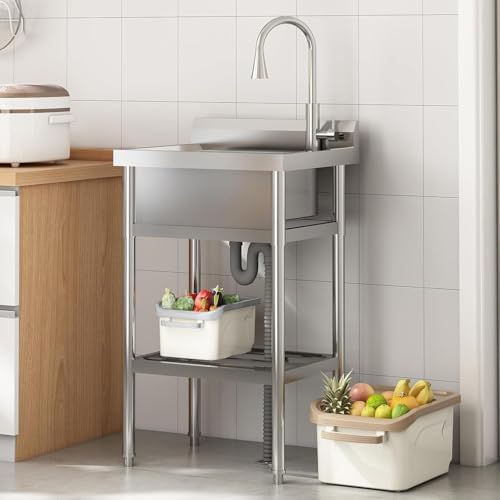 24"x20"x42" Stainless Steel Utility Sink, Freestanding Single Bowl with Hot & Cold Water Faucet, Commercial Kitchen Laundry Bathroom Garage Garden Sink - Image 6