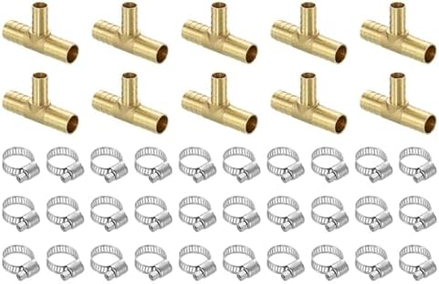uxcell 10pcs Brass Tee Barb Fittings, 3-Ways Tee 5/8" x 1/2" x 5/8" Barbed Hose Reducer, Tee Brass Barb Fitting Reducer with 30pcs Hose Clamps for Water Fuel Air by uxcell