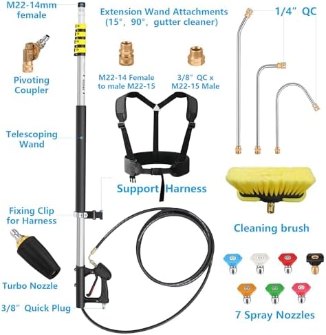 24 FT Telescoping Pressure Washer Extension Wand, Aluminum Power Washer Extension Wand with Turbo Nozzle & Brush Head, Solar Panel Cleaner Pole, 7 Nozzle Tips, 3 Adapters & Harness - Image 3