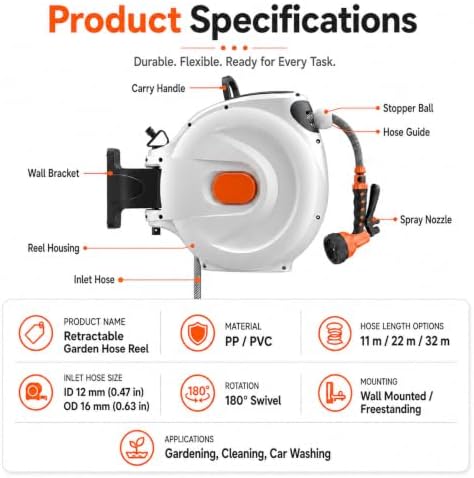Garden Hose Reel, Wall Mount Retractable Hose with Spray Gun & 8 Patterns 32m/105ft - Image 4