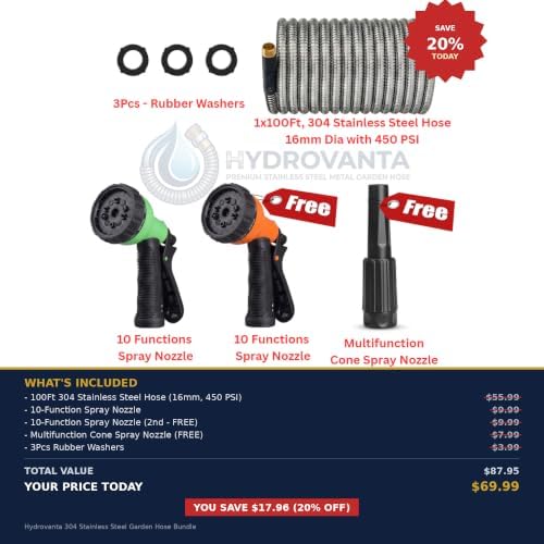 100FT Metal Garden Hose 304 Stainless Steel, with 2 Multi-Function Spray Nozzles, 1Pc Precision Twist Nozzle, Solid Brass Fittings, Flexible No-Kink Design- 450PSI with 16mm Dia Hose - Image 2