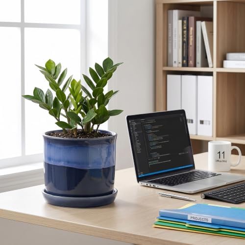 5.8 Inch Plant Pot: Ceramic Planter with Drainage Hole & Saucer - Flowerpot for Indoor & Outdoor Plants with Separate Tray for Home & Office - Blue - Image 5