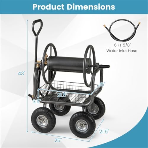 Garden Hose Reel Cart with 4 x 10" Pneumatic Wheels, Heavy-Duty Metal, Holds 300 ft, Crank Handle, Storage Basket - Image 7