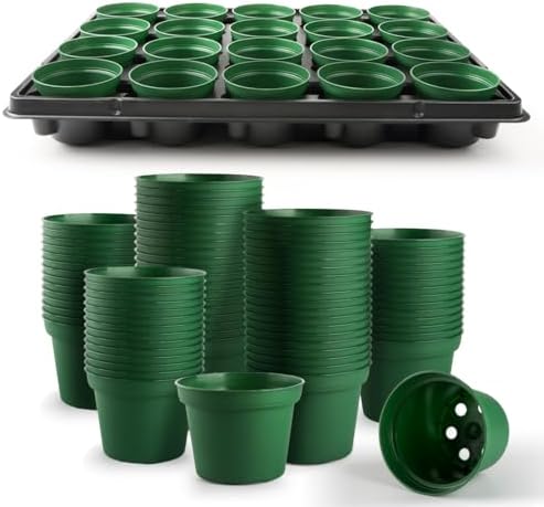RooTrimmer 3 Inch Nursery Pots 100 Pcs with 5 Pcs 20 Cell Nursery Pot Trays, 5 Sets Seed Starting Kit for Seedlings, Propagation and Home Gardening, Sturdy Green Seeds Starter Pot Tray Germination Set by RooTrimmer