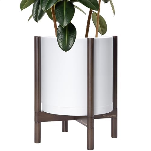 D'vine Dev Plastic Pot with Walnut Wood Stand, White, 14 in, 55-C-R-1 by DvineDevPlanterPotsandStand