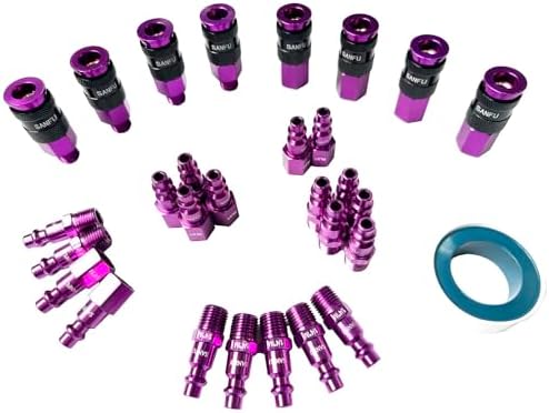 SANFU Air Hose Fittings, Aluminum AMT Universal Air Coupler and I/M Industrial Type Air Plug Kit, 1/4 Inch Threads Size, 1/4 Inch Body Size, 29 Pieces Air Compressor Accessories Fittings Kit(Purple) by SANFU