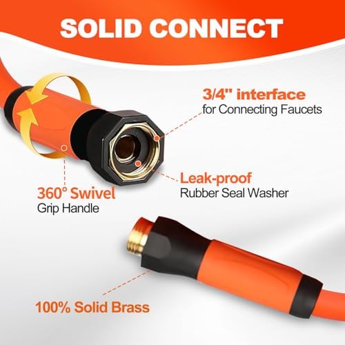 YOTOO Heavy Duty Hybrid Garden Water Hose 5/8-Inch by 75-Feet 150 PSI Kink Resistant, Flexible with Swivel Grip Handle and 3/4" GHT Solid Brass Fittings, Orange - Image 3