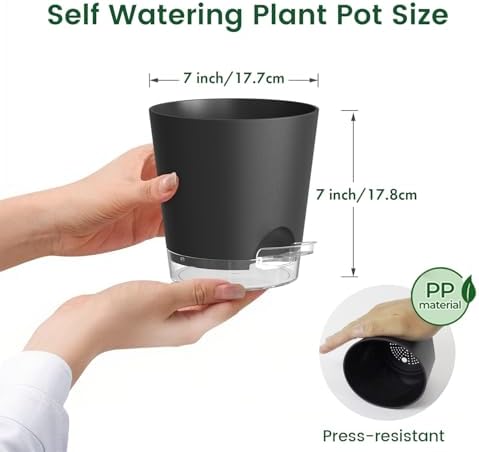 Meowell 7 inch Self Watering Pots for Indoor Plants, 5 Pack Plant Pots with Drainage Holes & Clear Reservoir for Visible Water Level, Plastic Wicking Planter Pots for House Plants and Flower, Black - Image 2