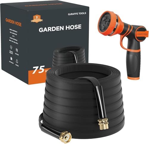 Giraffe Tools 75FT Garden Hose, Ultra-Lightweight & Lay-Flat Design, Anti-Kink Flexible Water Hose with 9-Pattern Multi-Function Spray Nozzle, Heavy-Duty Leak-Proof, Black by GiraffeTools
