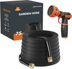 Giraffe Tools 75FT Garden Hose, Ultra-Lightweight & Lay-Flat Design, Anti-Kink Flexible Water Hose with 9-Pattern Multi-Function Spray Nozzle, Heavy-Duty Leak-Proof, Black by GiraffeTools