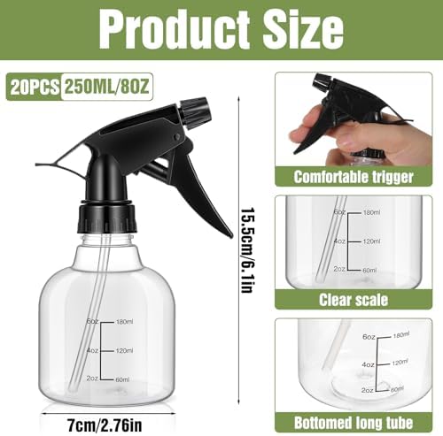 20 Pcs Empty Plastic Spray Bottles 8oz Mini Refillable Spray Bottle with Adjustable Nozzle Black Sprayers Small Spray Bottles with Scale for Cleaning, Hair, Plant, Kitchen - Image 2