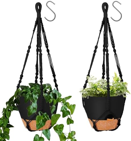GARDIFE 10 Inch Hanging Planters with Macrame Plant Hanger for Indoor and Outdoor Plants, 2 Pack Large Self Watering Hanging Plant Pot with Basket Flower Pot with Drainage Hole, Black by GARDIFE