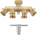 Bropury 4 Way Hose Splitter with Thickened and Optimized, Solid Brass Hose Connector NPT3/4", Hose Spigot Adapter 4 Valves with 5 Extra Rubber Washers and on/off Wrench (4 way) by Bropury