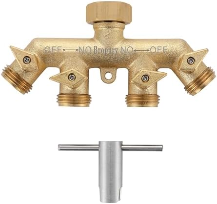Bropury 4 Way Hose Splitter with Thickened and Optimized, Solid Brass Hose Connector NPT3/4", Hose Spigot Adapter 4 Valves with 5 Extra Rubber Washers and on/off Wrench (4 way) - Image 2