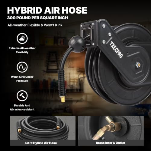 Retractable Air Hose Reel, 3/8 IN x 50 FT Hybrid Air Hose Max 300 PSI, Air compressor hose reel with 5 ft Lead in, Ceiling/Wall Mounted air hose reel,Heavy Duty air tool - Image 4