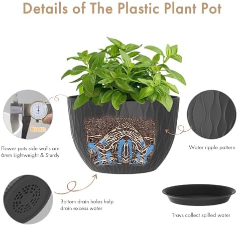 WSMKSZ 12 Inch Large Plant Pots for Indoor or Outdoor Plants, Wide Water Ripples Flower Pots with Drainage Holes & Saucer, Plastic Planters Set for Garden & Home Decor (Black) - Image 3