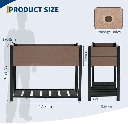 IDEALHOUSE 42.72"x19.49"x33.46" Raised Garden Bed, HDPE Elevated Planter Box with Sturdy Aluminum Frame, Wood Grain Outdoor Planter with Storage Shelf for Patio, Balcony, Lawn - Image 3