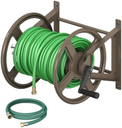 Garden Hose Reel Wall Mounted, Heavy-Duty Water Hose Holder Winder with 3.9 ft Leader Hose & Brass Fitting, Hose Hanger Storage Rack Holds 125-Feet of, 5/8-Inch, for Yard Lawn Farm, Brown by Ansionsol