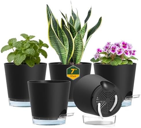 Meowell 7 inch Self Watering Pots for Indoor Plants, 5 Pack Plant Pots with Drainage Holes & Clear Reservoir for Visible Water Level, Plastic Wicking Planter Pots for House Plants and Flower, Black by Meowell