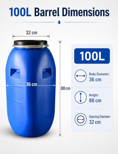 Plastic Drum with Lid and Metal Clamp Ring, Wide Mouth Water Storage Barrel - Image 2