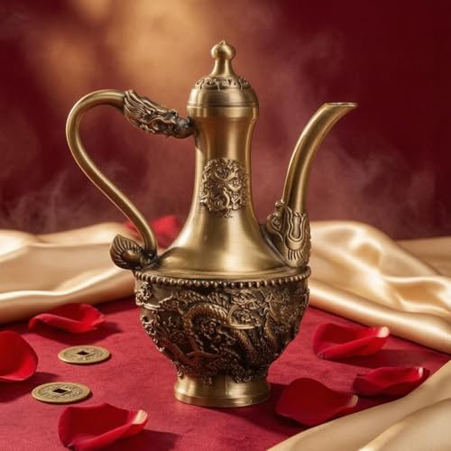 Menolana Brass Vessel Vintage Pot Copper Antique Decorative Relief Dragon Immortal Bird Handled Spout Suitable for Shelf Table Cabinet Display 12.5cmx15.5cm - Image 3