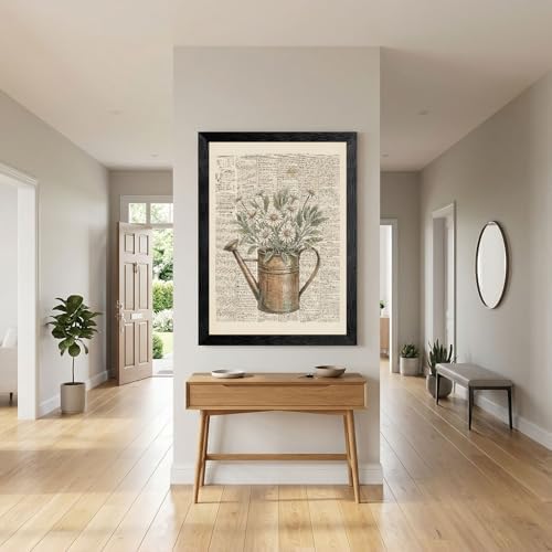 Framed Canvas Wall Art Vintage Mixed Media Watering Can Daisies Muted Watercolor on Newspaper Canvas Print Poster Black Frame Wall Decor for Living Room Cottagecore Art, Rustic Decor - 16x20 Inch - Image 4