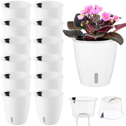 Upgraded Self Watering Pots for Indoor Plants, 12-Pack 5 Inch Top-Fill Self Watering Planter with Water Window, Orchid Pots, Clear Wick Inner Basket with Drainage, White by KvyusFlourish