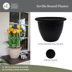 The HC Companies Sevilla Flower Planters - Outdoor & Indoor Planter - Round Self Watering Plant Pots for Herbs & More (16”, Black, Pack of 2) - Image 2