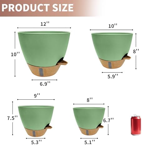 12"/10"/9"/8" Self Watering Pots with Visual Water Window,Extra Large Self Watering Plant Pots with Drainage Holes & Saucers,Green Planters for Indoor Plants,4-Pack - Image 2