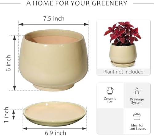 7.5 Inch Ceramic Planter with Saucer,Modern Garden Pots with Drainage Hole Mesh Net, for Indoor Outdoor Use(Pink Yellow) - Image 6