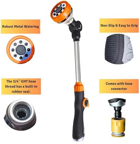 Heavy Duty Metal Watering Wand - 18" Garden Hose Wand with Swivel Ratchet Head, 8 Spray Patterns, Thumb Flow Control, Garden Hose Nozzle Sprayer For Watering Hanging Baskets, Shrubs, Garden - Image 3