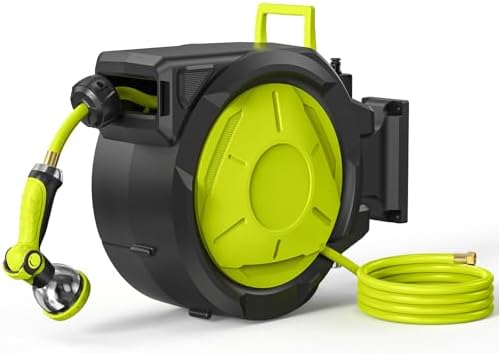 Retractable Garden Hose Reel - 1/2 inch x 50ft Wall Mounted Hose Reel with 3/4 inch Brass Fitting & 10 Function Sprayer Nozzle - Any Length Lock, Auto Rewind System, 180°Swivel Bracket - Black by LUCKPROBIGDEALSLLC