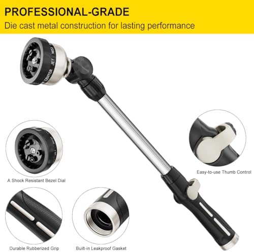 FANHAO 16-Inch Metal Watering Wand, Heavy Duty Garden Hose Wand with 9 Spray Patterns, 180° Rotating Long Hose Nozzle Sprayer Thumb Flow Control, Ideal to Water Hanging Baskets and Shrubs - Image 3
