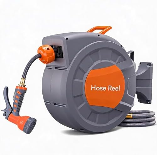 Retractable Garden Hose Reel, 1/2 Inch x 65 ft Wall Mounted, Any Length Lock Heavy Duty Garden Hose Reel with 9 Patterns Nozzle, Upgraded Slow Return System and 180°Swivel Bracket by HighQualityandFastShipping
