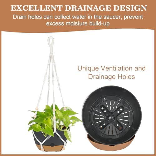 3 Pack Hanging Planters Set, 10inch Self-Watering Hanging Plant Pot, Macrame Plant Hanger with Pot, Chains, S & Ceiling Hooks, Removable Saucer and Drainage Holes for Indoor, Outdoor Plants - Black - Image 7