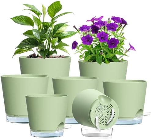Meowell Self Watering Pots Set of 7 – Assorted Size 4" to 8" Indoor Plant Pots with Drainage Holes and Clear Reservoir for Visible Water Level, Plastic Wicking Planter for House Plants & Flower, Green by Meowell