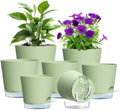 Meowell Self Watering Pots Set of 7 – Assorted Size 4" to 8" Indoor Plant Pots with Drainage Holes and Clear Reservoir for Visible Water Level, Plastic Wicking Planter for House Plants & Flower, Green by Meowell
