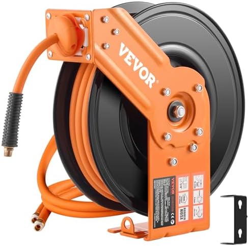 VEVOR Retractable Air Hose Reel, 3/8IN x 50FT Rubber Air Hose Max 300PSI, Air Compressor Hose Reel Auto-Rewind with 5FT Lead in, Ceiling/Wall Mount Heavy Duty Single Arm Reel & 180° Swivel Bracket by VEVOR